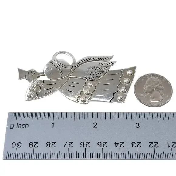 Estate Mexico Sterling Silver 925 Trumpeting Angel Brooch Pin - Picture 6 of 7